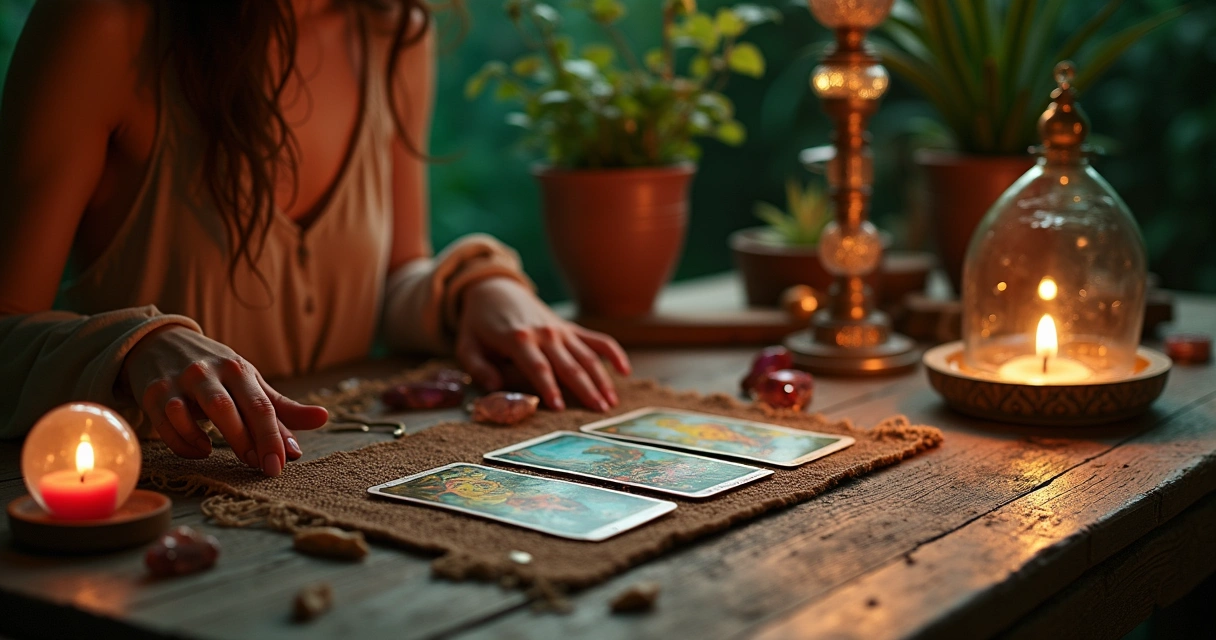 Leitura de tarot com cartas dispostas em uma mesa iluminada por velas, ambiente místico e acolhedor.