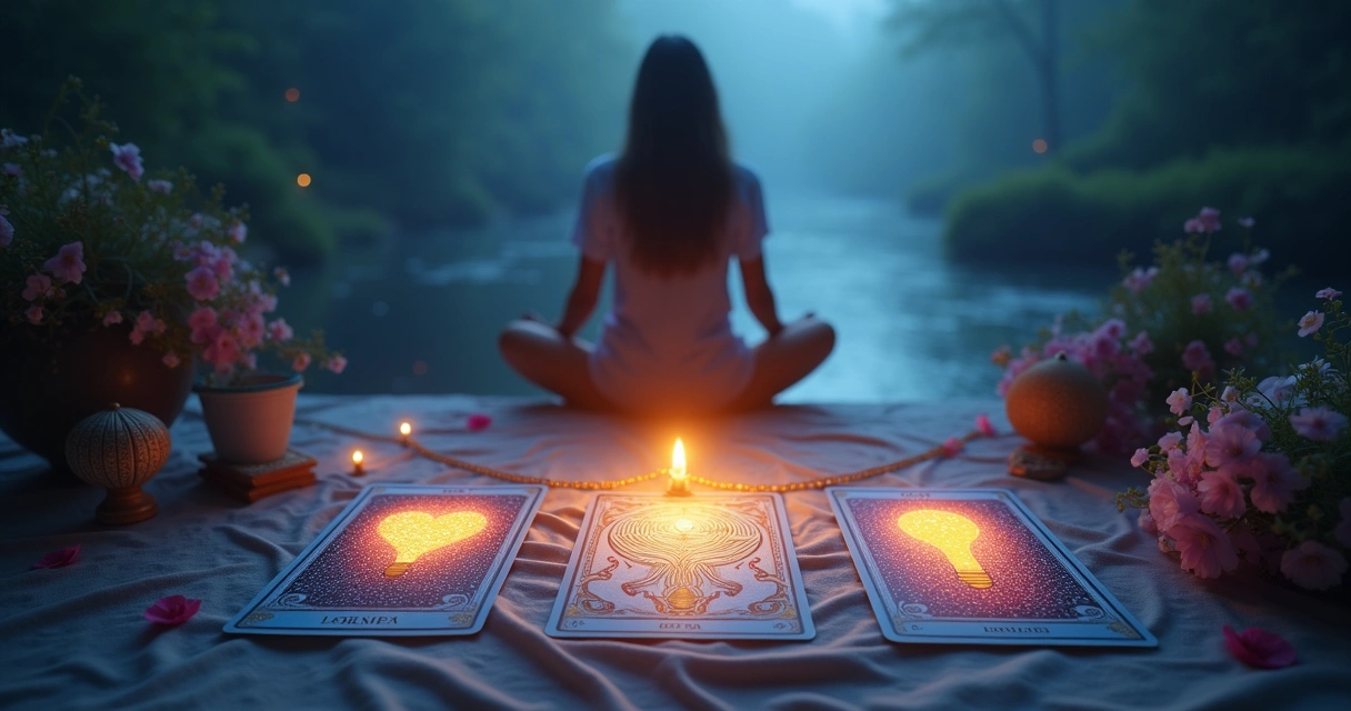 Ambiente sereno de leitura de tarot com cartas simbolizando emoções, luz suave e elementos naturais.