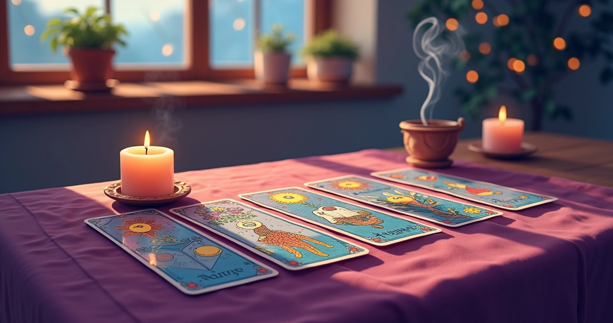 Configuração de leitura de tarot com cartas, vela, e incenso, em ambiente tranquilizante.