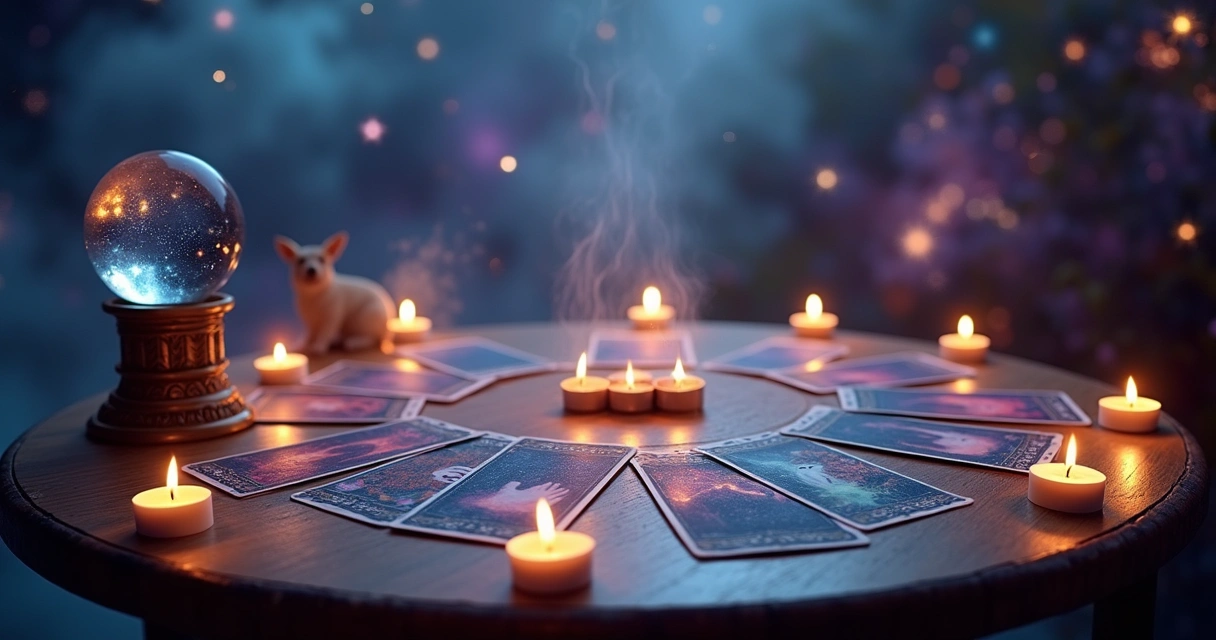 Configuração mística de leitura de tarot com cartas, vela acesa e bola de cristal em fundo cósmico.