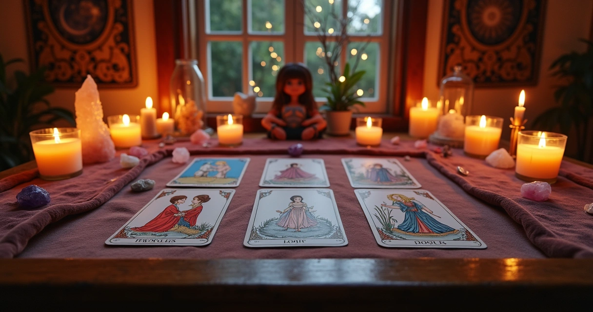 Leitura de tarot em um ambiente místico com velas, cartas de amor e cristais, criando uma atmosfera encantadora.