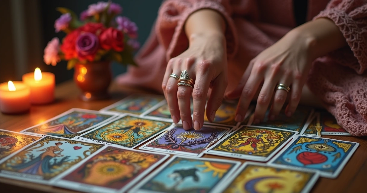 Cena mística de leitura de tarot com cartas para amor, velas acesas e flores em um ambiente acolhedor.