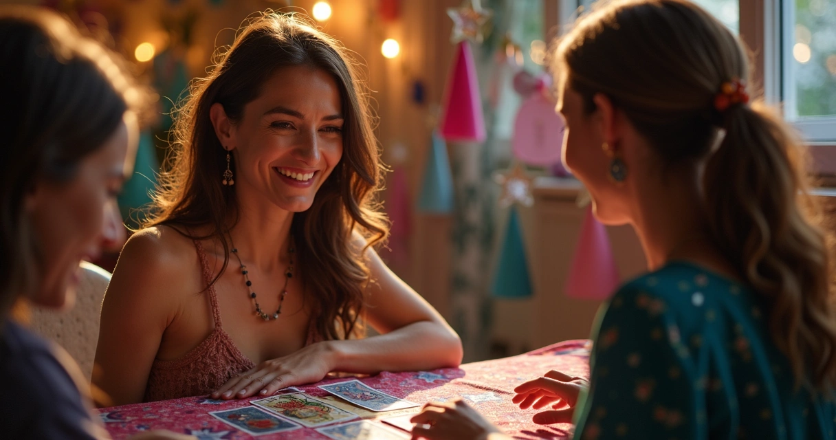 Pessoa sorrindo recebe leitura de tarot em festa de aniversário 
