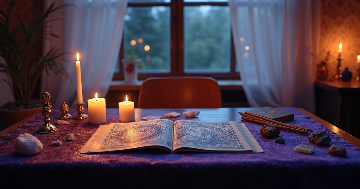 Ilustração de uma leitura de tarot com cartas na mesa, velas acesas e um ambiente relaxante e místico.