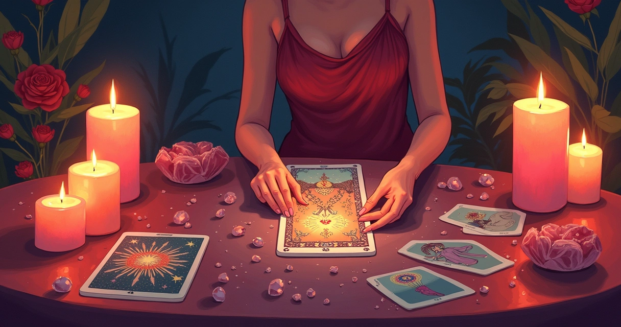 Mesa de leitura de Tarot com cartas, velas, cristais e uma mão feminina virando uma carta dos Amantes.