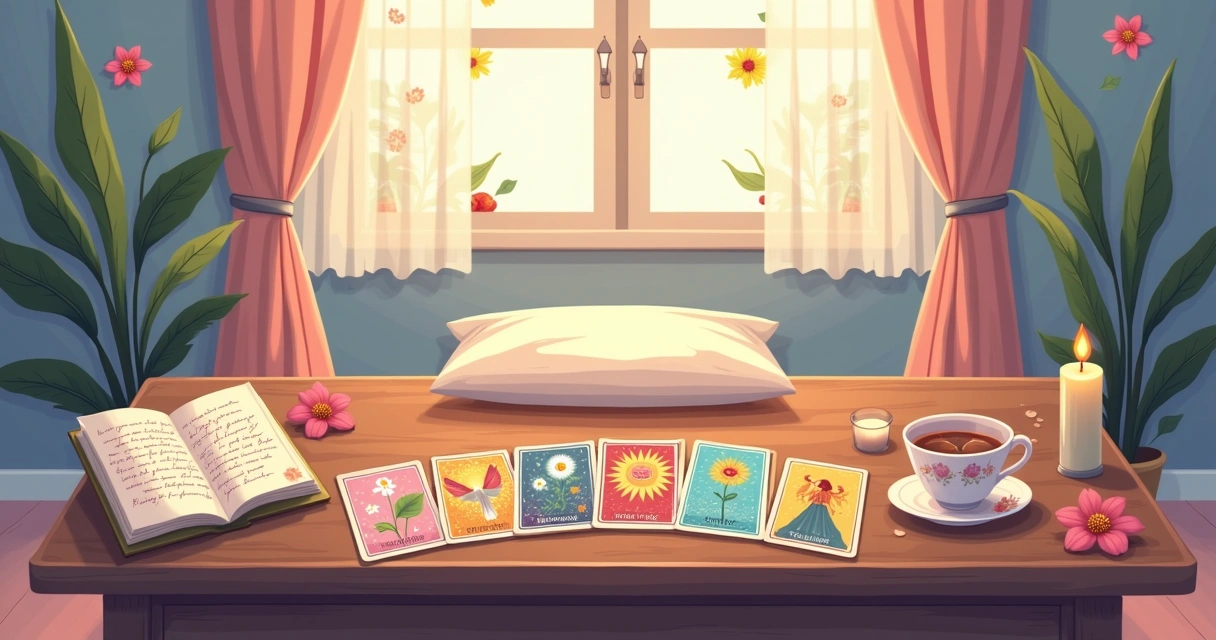 Ilustração de uma leitura de tarot em um ambiente sereno, com cartas, velas e um diário de afirmações.