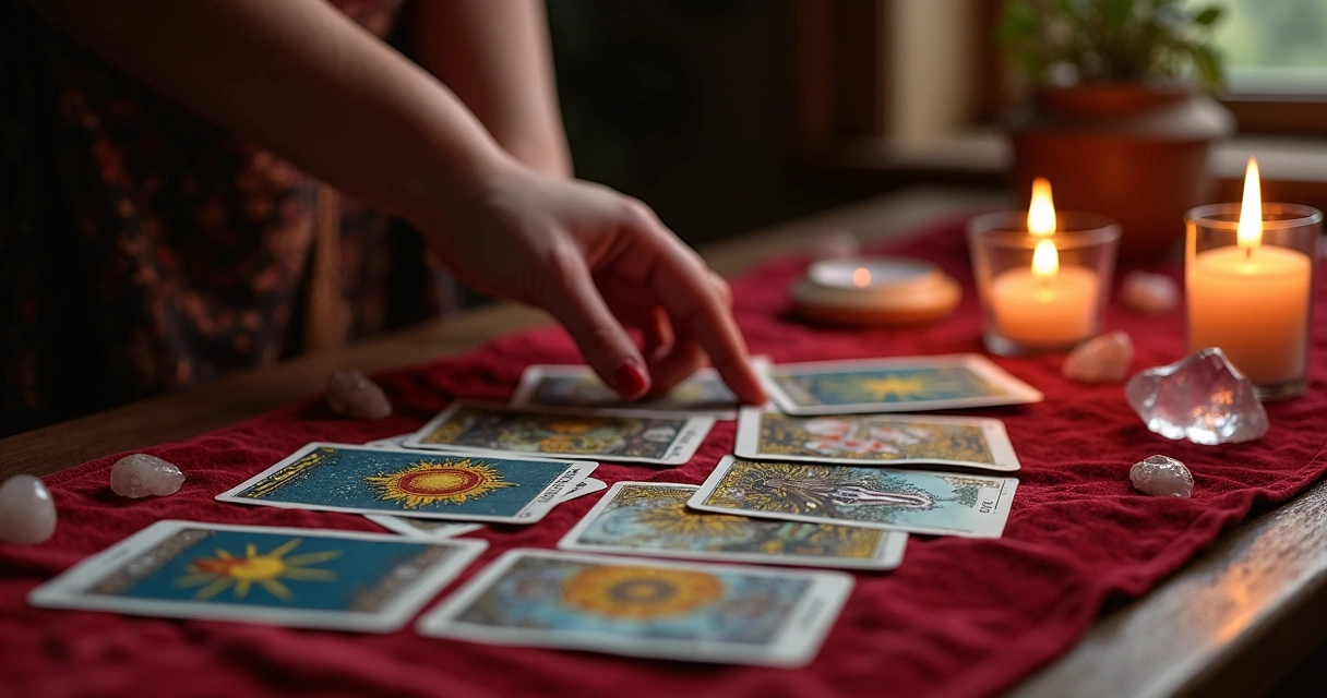 Cartas de tarot dispostas sobre uma mesa, com algumas cartas em posição invertida 