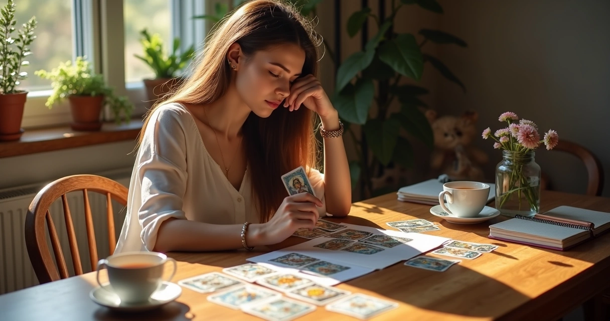 Mulher lendo cartas de tarot na mesa em casa 