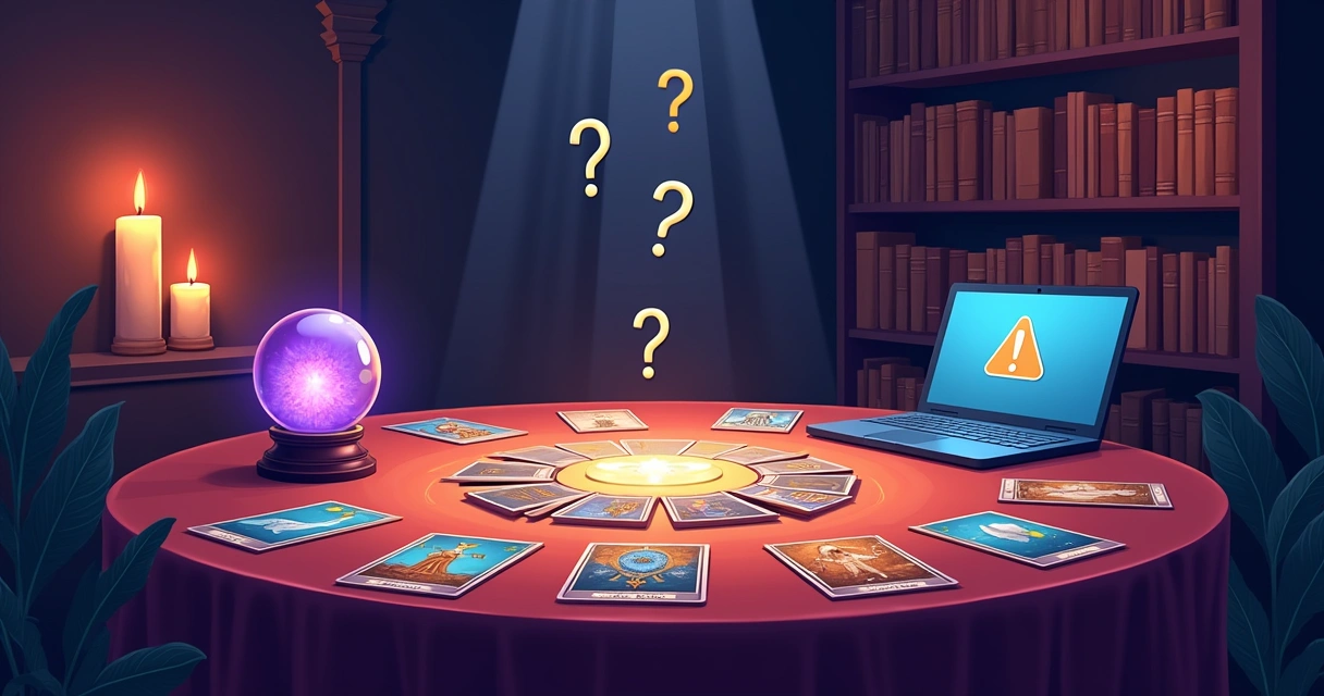 Ambiente de leitura de tarot com cartas, cristal e laptop, simbolizando preocupações sobre consultas online.