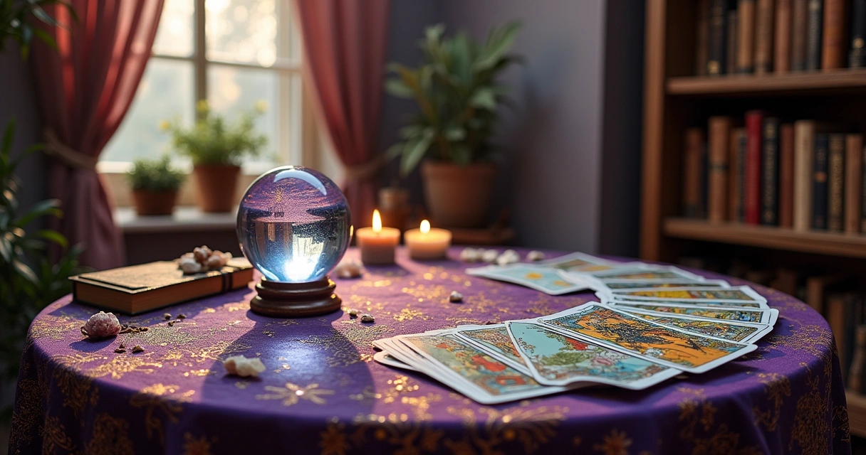 Espaço acolhedor de leitura de tarot com mesa rústica, cartas, bola de cristal e velas.