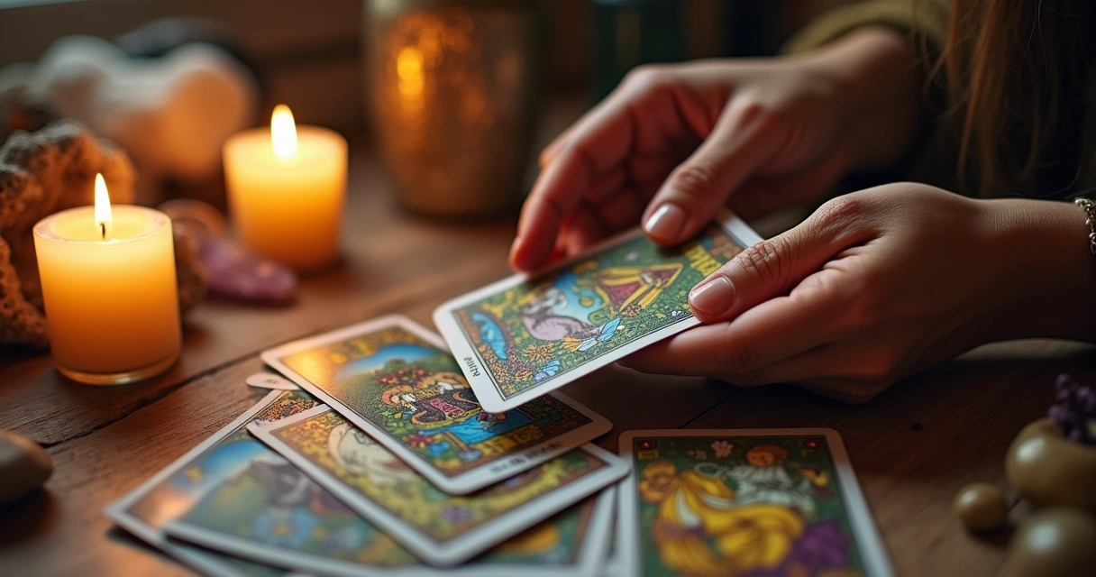 Mãos femininas segurando cartas de Tarot com mesa de velas e objetos espirituais. 