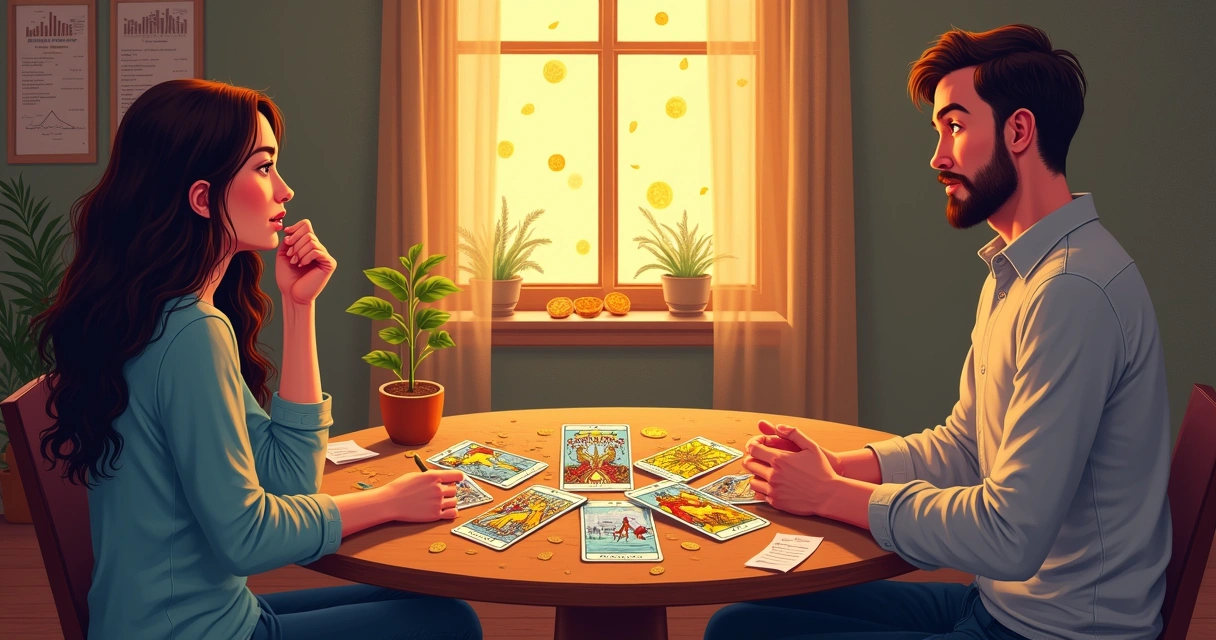 Ilustração de uma leitura de tarot com cartas sobre uma mesa, figuras conversando em um ambiente acolhedor.