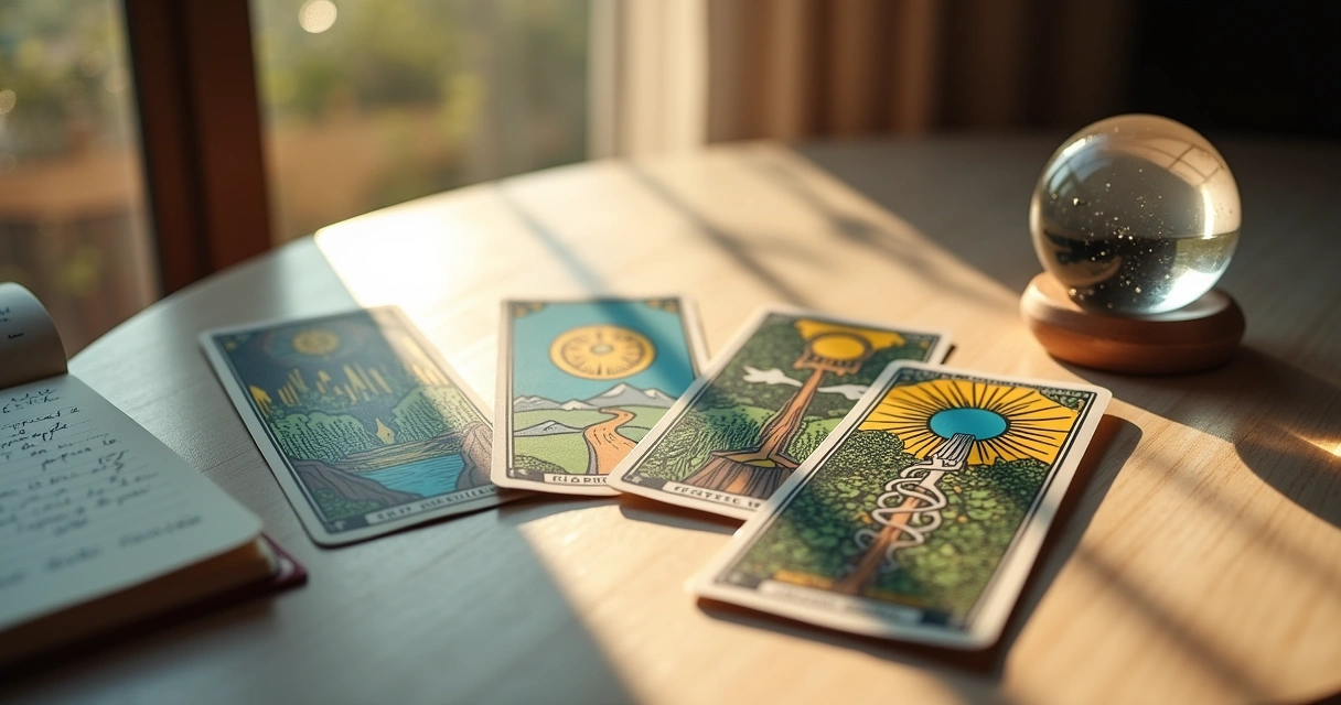 Leitura de tarot com cartas sobre mesa de madeira, simbolizando finanças e decisões financeiras em ambiente suave.