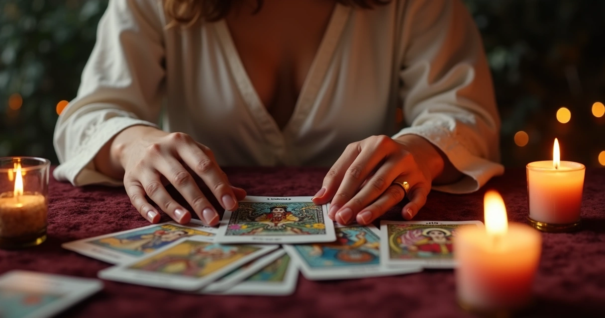 Pessoa fazendo leitura de tarot com cartas, velas e incenso 