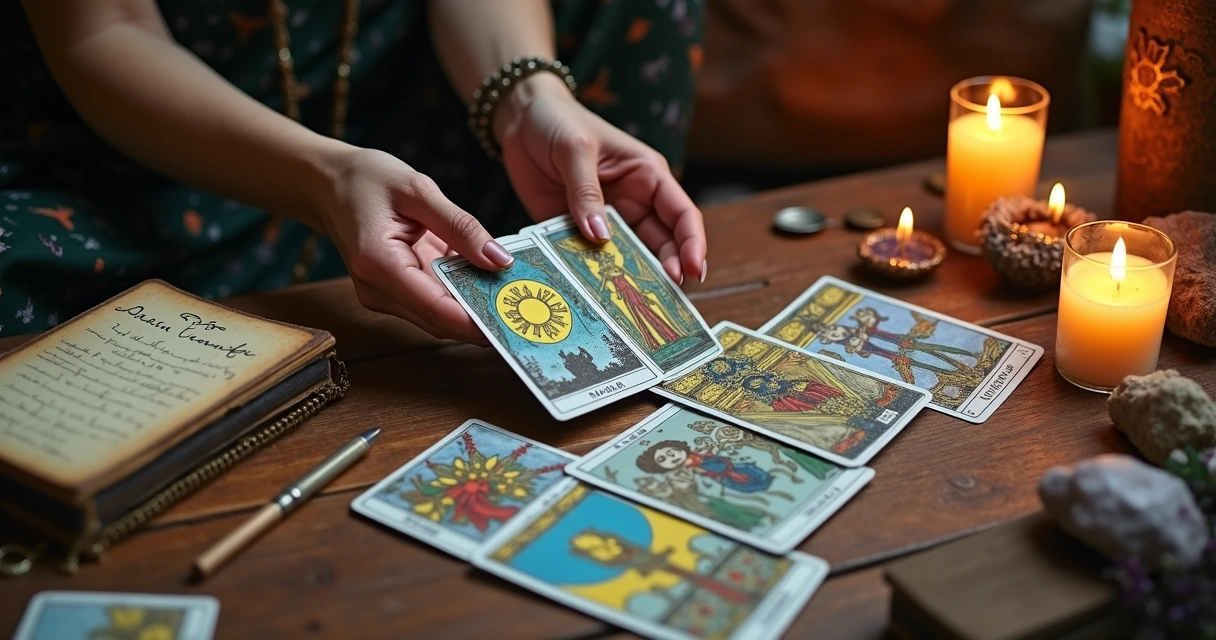 Mãos femininas segurando cartas de tarot com cartas repetidas visíveis 