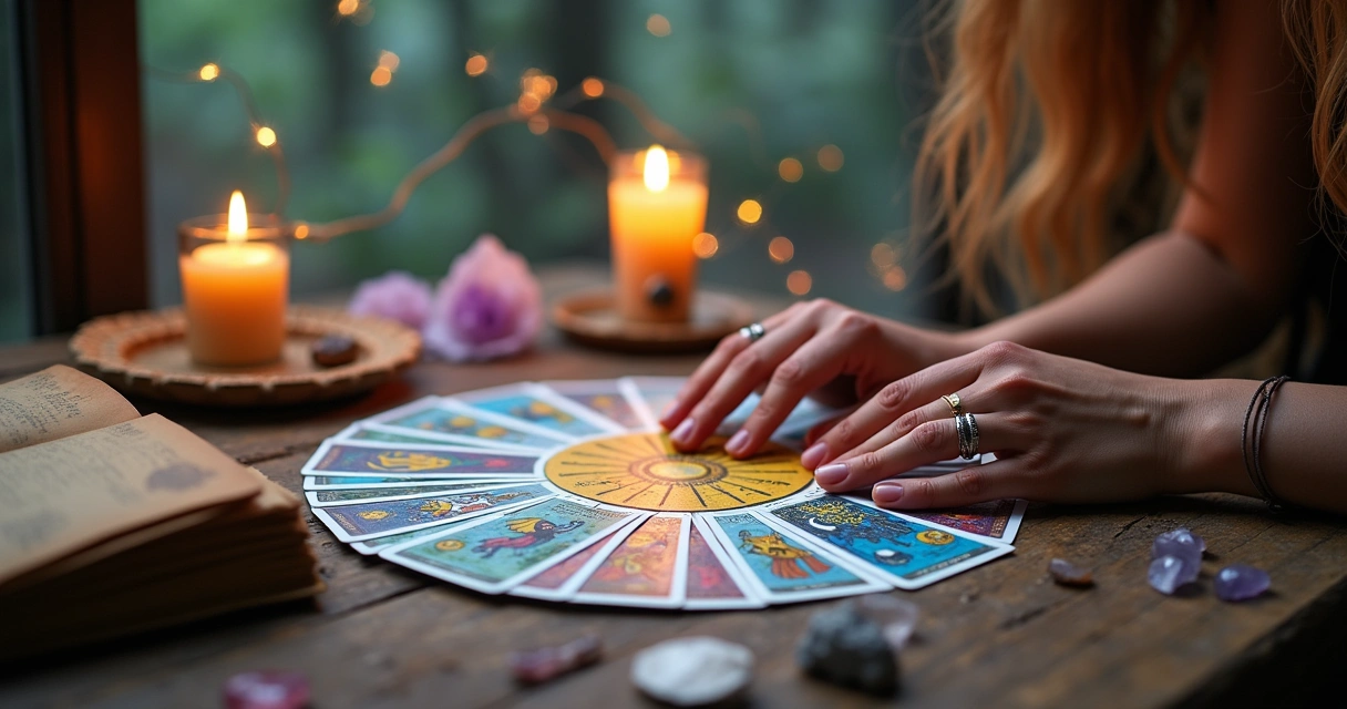 Leitura de tarot em uma mesa rústica com cartões, velas, cristais e um diário aberto.
