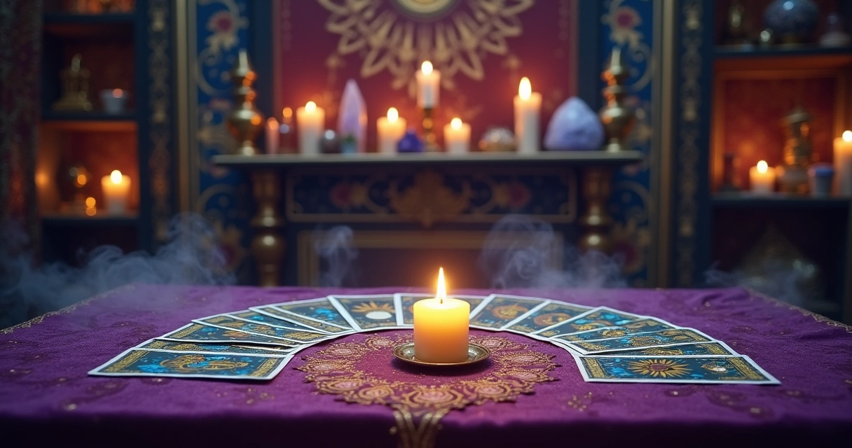 Configuração de leitura de tarot com cartas, velas e uma mesa decorada em ambiente místico.