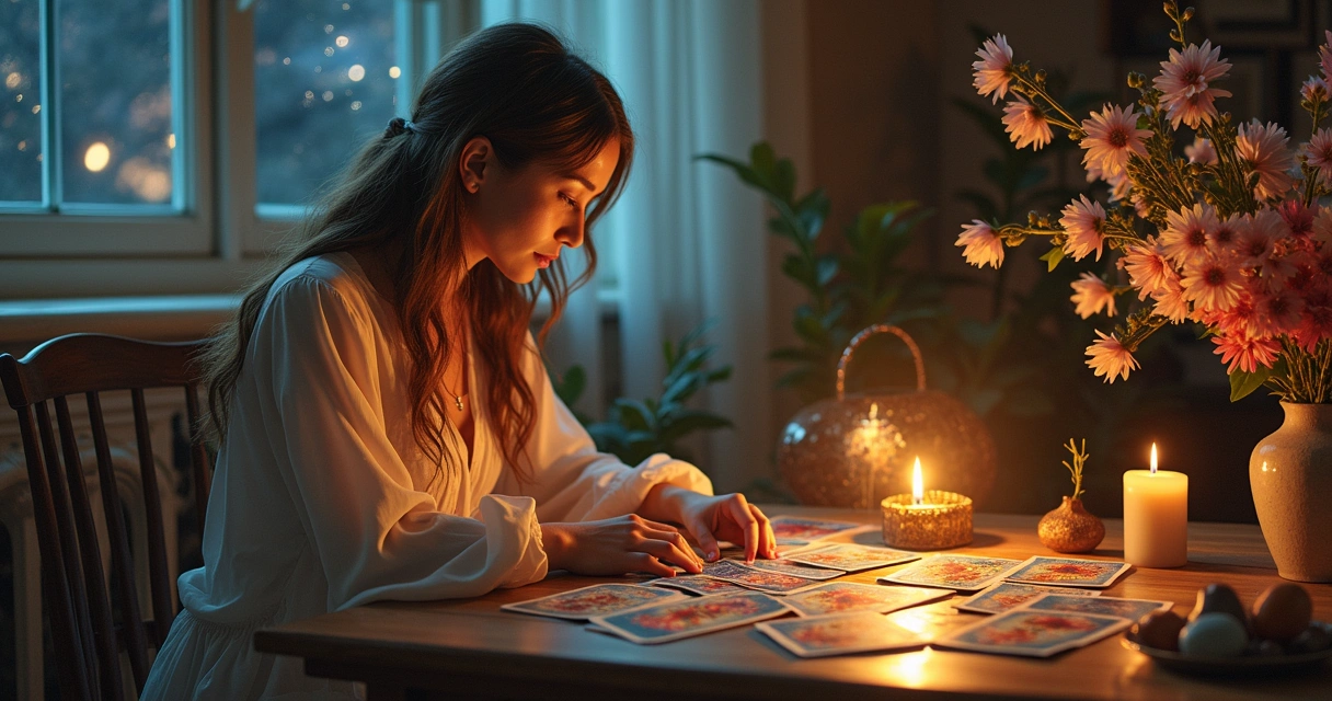 Mulher concentrada em leitura de tarot em um ambiente iluminado por velas, focando na carta da Imperatriz.