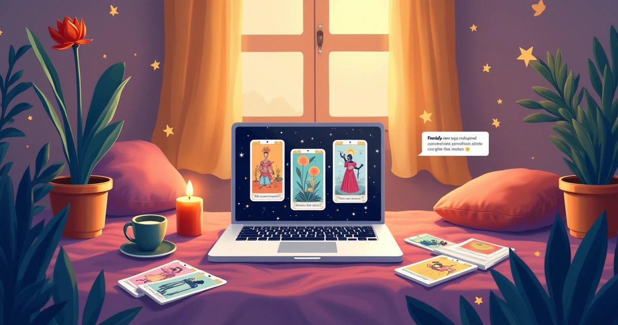 Configuração aconchegante de leitura de tarot online, laptop aberto com cartas, plantas e velas ao fundo.