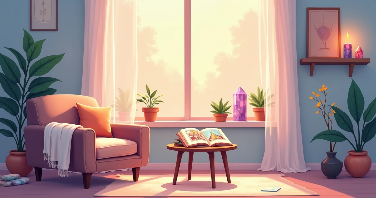 Espaço calmo e confortável para leitura de tarot online, com cartas, velas e plantas.