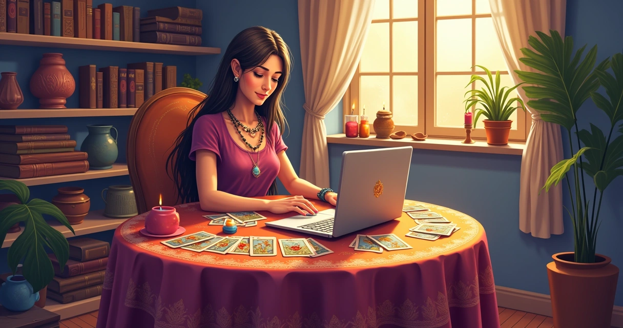 Ilustração de uma taróloga em um ambiente acolhedor, fazendo leitura de tarot com computador e cartas.