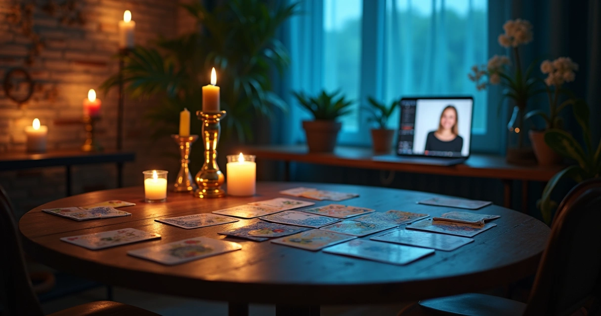 Ambiente acolhedor de leitura de tarot online com mesa, cartas de tarot, velas e computador.