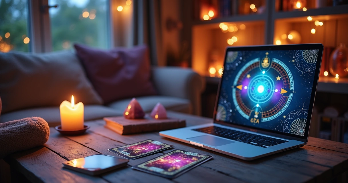 Leitura de tarot online em casa com cartas e vela sobre a mesa.