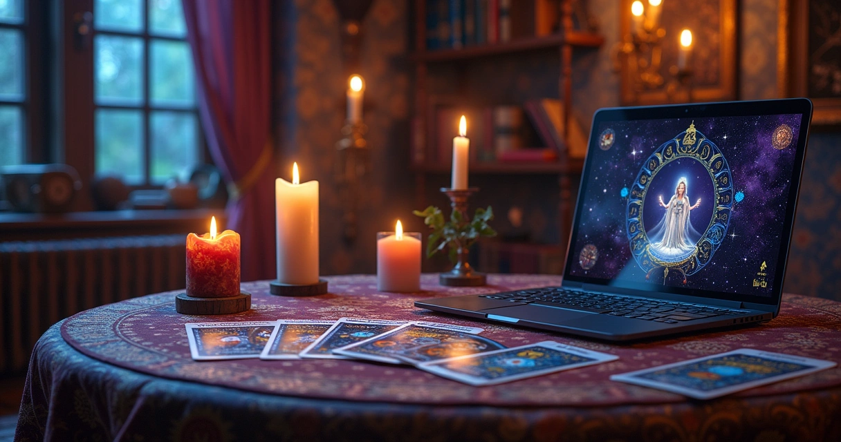 Leitura de tarot online em uma atmosfera mágica com cartas, velas e um laptop conectado.