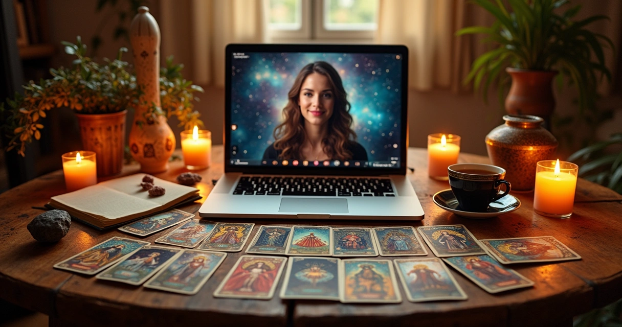 Ambiente de leitura de tarot online, com cartas coloridas, laptop e velas, criando uma atmosfera mística.