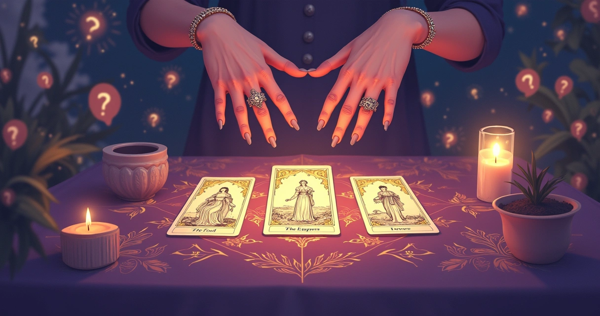 Ilustração de uma leitura de tarot com cartas e ambiente místico. Dúvidas sobre tarot online representadas com símbolos.