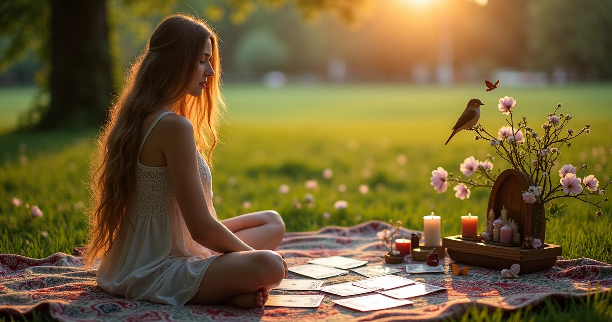 Mulher meditando com cartas de tarot em um parque florido, cercada por natureza e um altar de cristais.