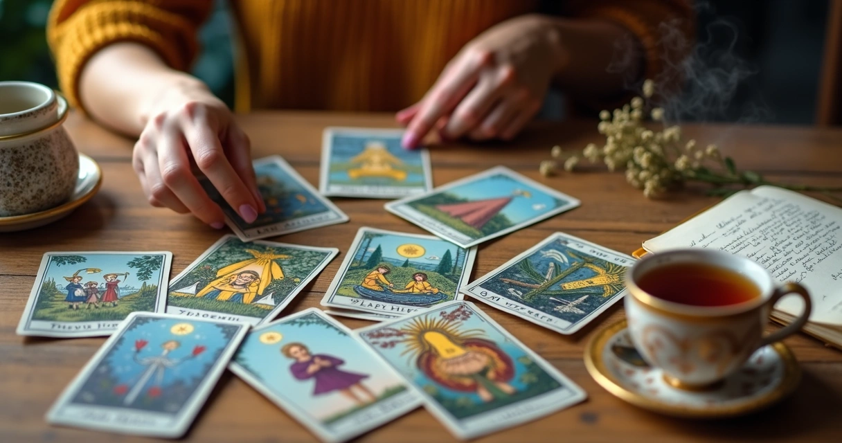 Cartas de tarot espalhadas sobre a mesa com detalhes personalizados 