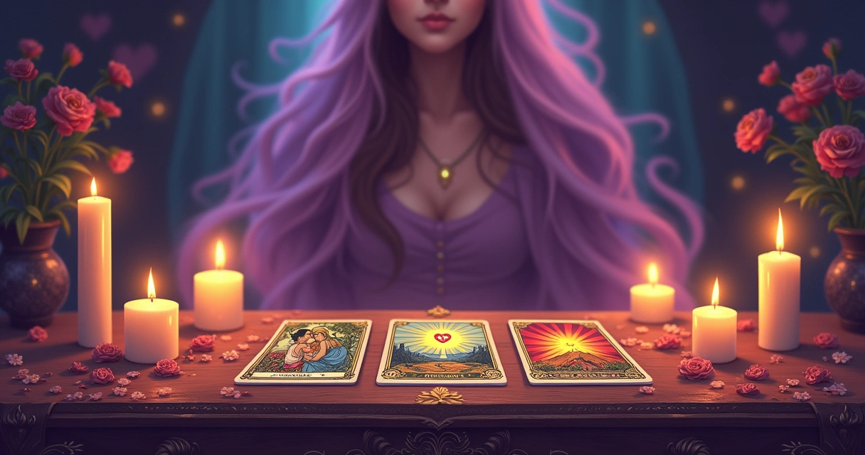 Ilustração de uma leitura de tarot, com três cartas simbolizando passado, presente e futuro em um cenário romântico.