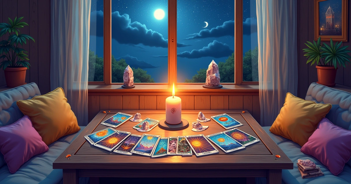 Ilustração de uma leitura de tarot em uma sala calmante com cartas, velas e cristais ao redor.