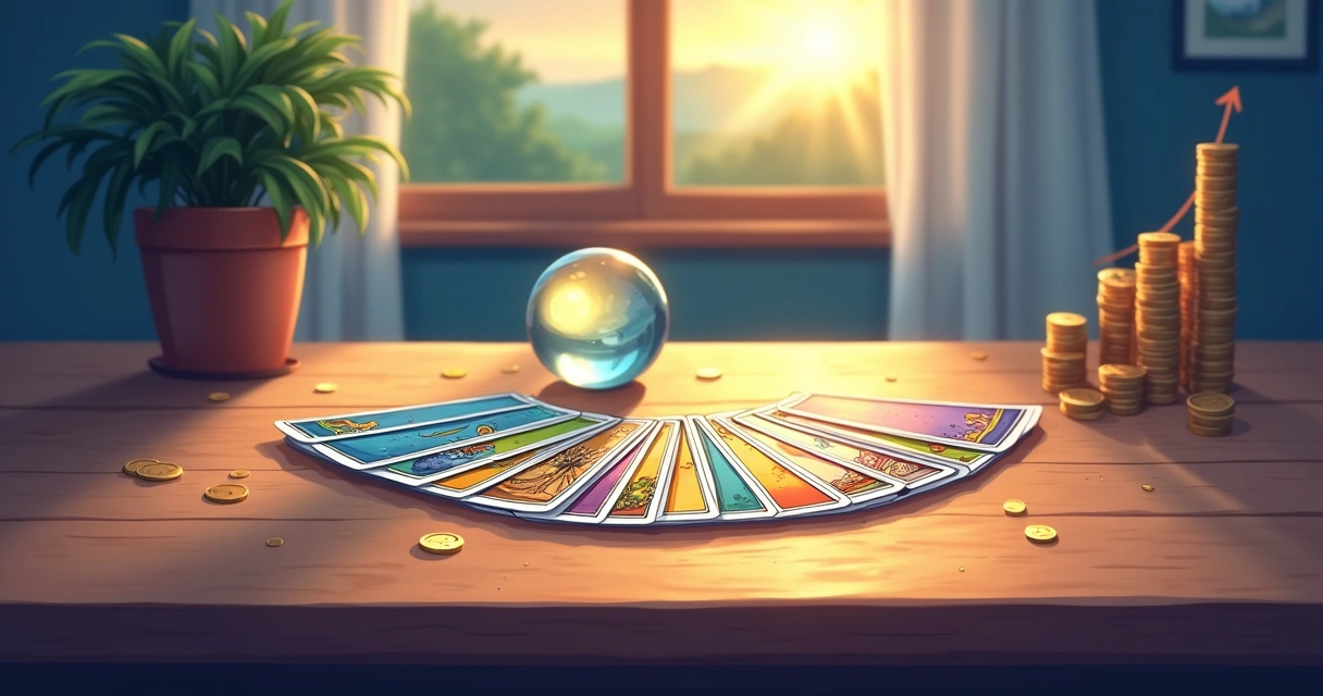 Espaço de leitura de tarot sereno com cartas e luz suave, simbolizando saúde financeira.