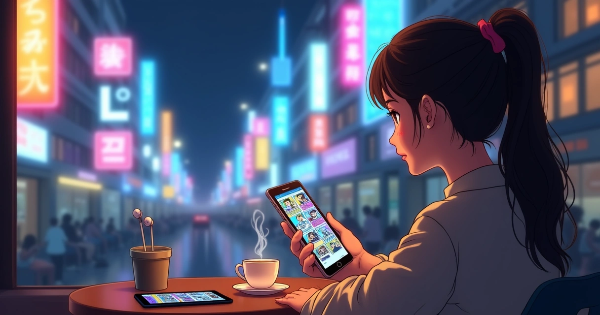 Pessoa lendo webtoon colorido no smartphone em cenário urbano noturno 