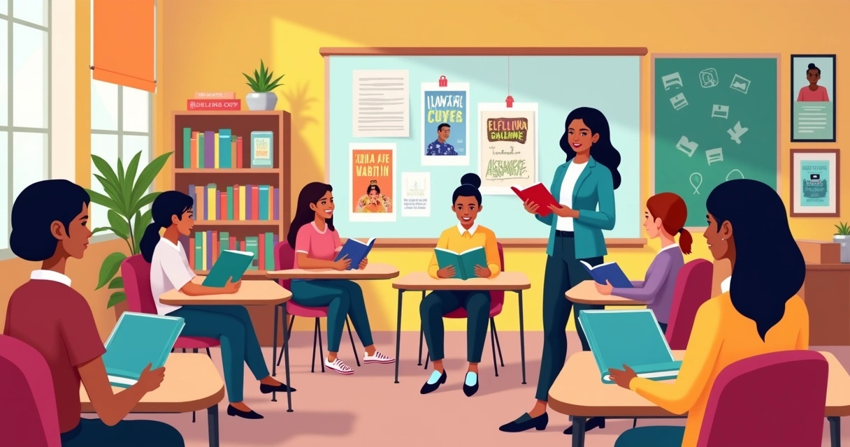 Grupo de estudantes lendo livros de diferentes autoras em sala de aula 