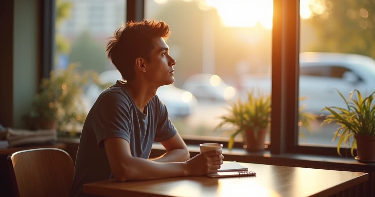Pessoa olhando para frente, fundo desfocado, expressão de reflexão. 