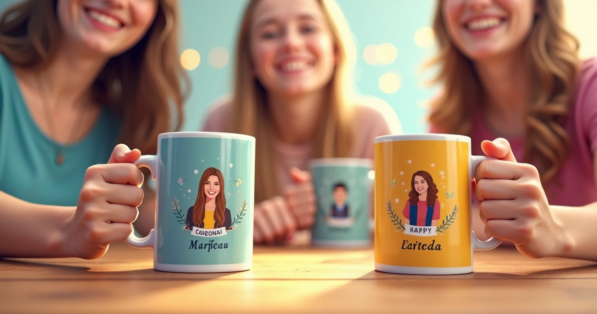 Amigos segurando canecas personalizadas com arte colorida e fotos da turma 