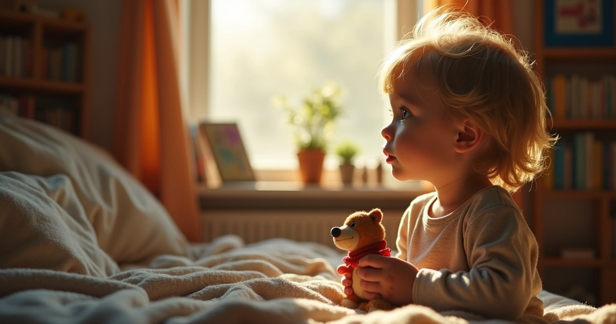 Criança segurando objeto antigo olhando pela janela 