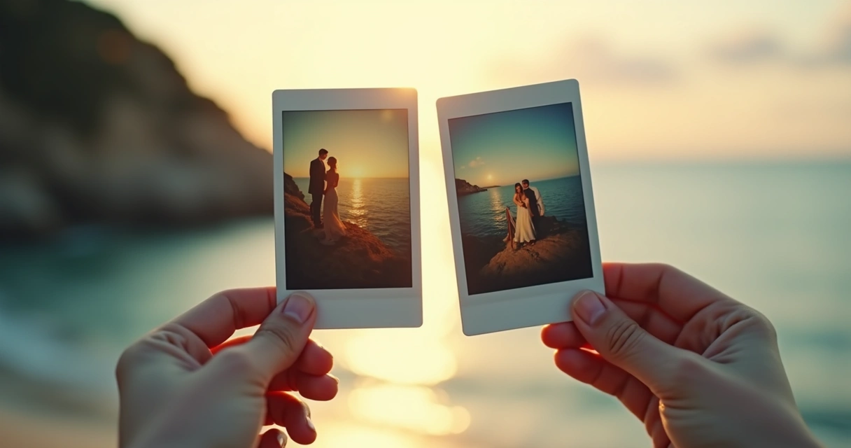 Mãos de casal segurando fotos instantâneas de viagem de lua de mel 