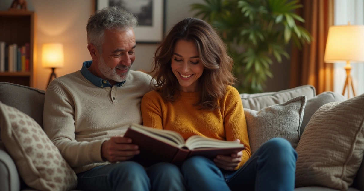 Casal sentado próximo um ao outro, sorrindo, olhando para um álbum de fotos juntos 