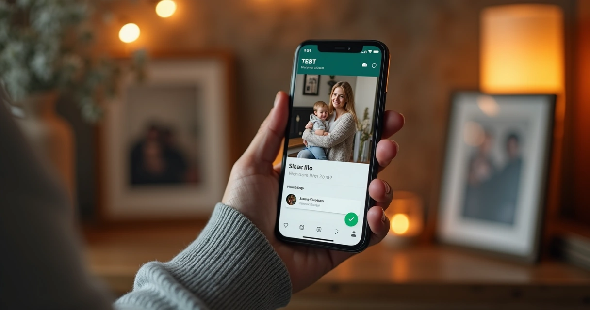 Pessoa segurando celular, tela mostrando fotos antigas nos status do WhatsApp 