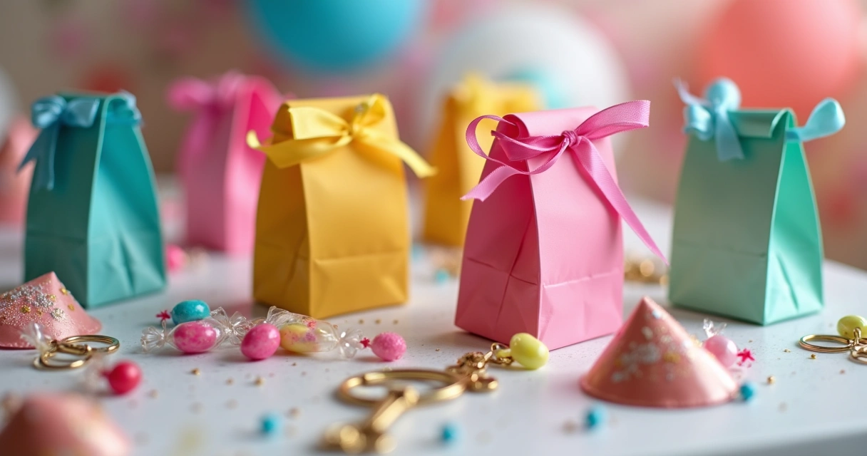 Lembrancinhas coloridas em mesa decorada com tema de festa 