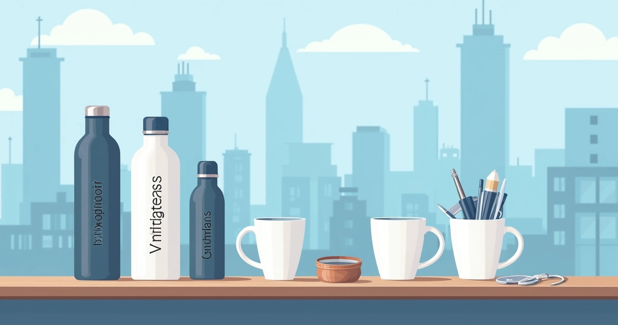 Ilustração corporativa flat de lembrancinhas personalizadas para médicos anestesiologistas com canecas, garrafas térmicas e chaveiros com nomes gravados sobre uma mesa organizada 