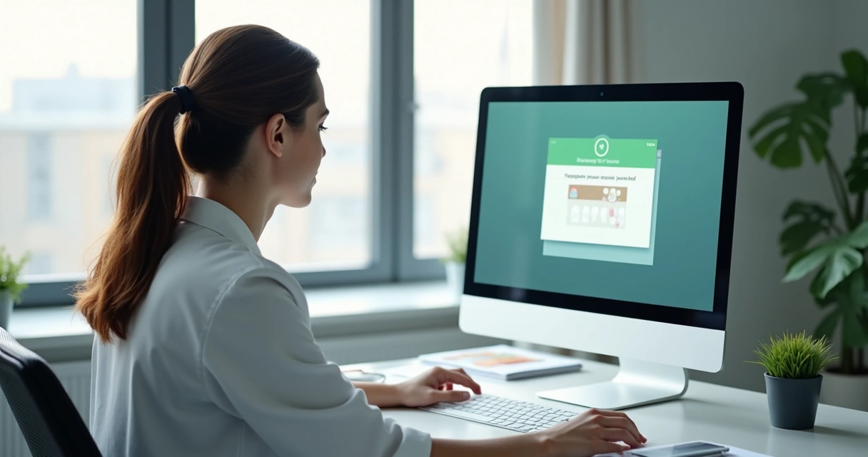 Dentista usando computador para enviar lembrete de consulta pelo WhatsApp 