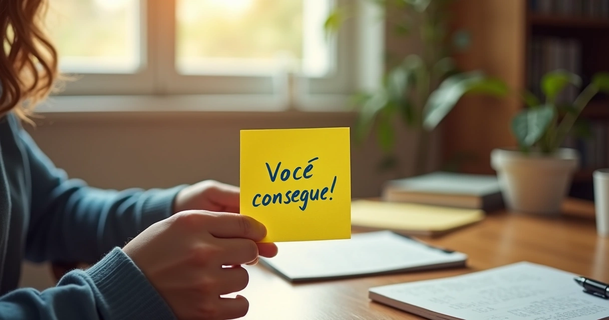 Pessoa olhando para um post-it com lembrete de autoconfiança