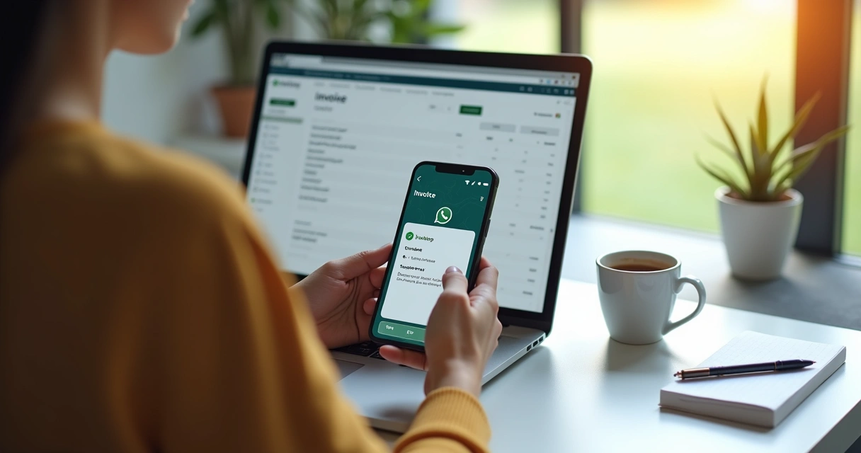 Pessoa usando notebook e smartphone para enviar lembrete de cobrança pelo WhatsApp 