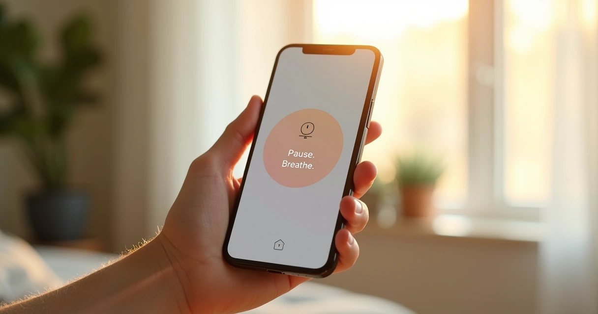 Mão segurando celular com lembrete de pausa circular em frente a janela iluminada pelo sol 