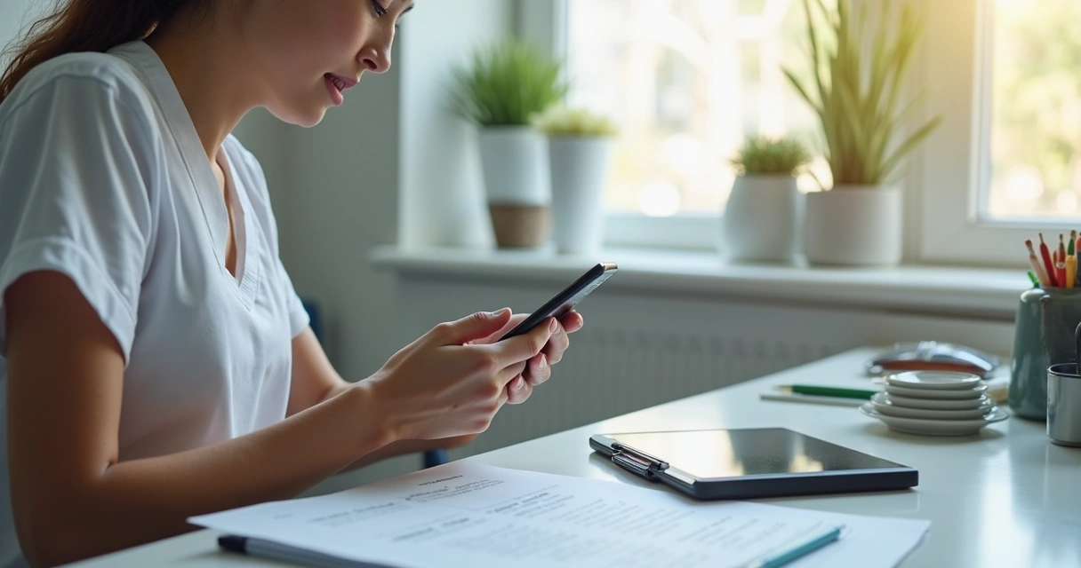 Terapeuta visualizando lembretes de consulta no smartphone 